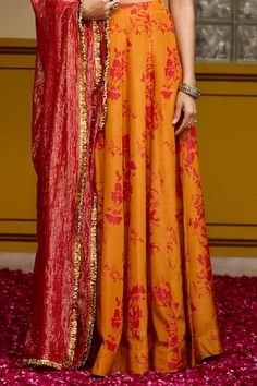 Mustard crepe lurex lehenga with floral print. Comes with a blouse and a lurex georgette dupatta. - Aza Fashions Wedding Palazzo Set In Georgette With Printed Motifs, Anarkali Palazzo Set With Printed Motifs For Reception, Floor-length Lehenga With Printed Motifs For Wedding, Festive Sharara With Printed Motifs For Reception, Sharara With Printed Motifs For Wedding And Navratri, Printed Motifs Sharara For Wedding And Navratri, Floor-length Wedding Choli With Printed Motifs, Wedding Floor-length Choli With Printed Motifs, Eid Wedding Choli With Printed Motifs