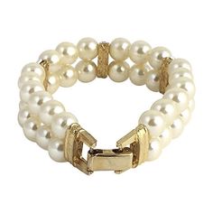 Double-strand faux-pearl bracelet interspersed with three spacer bars set with five rhinestones each. The goldtone metal is etched with a textured finish. Age wear, tarnish on clasp. Classic Metal Pearl Bracelet For Formal Occasions, Classic Gold Bracelet With Extender For Formal Occasions, Elegant Double Strand Gold Beaded Bracelet, Elegant Double Strand Gold Pearl Bracelet, Elegant Metal Beaded Bracelets For Formal Occasions, Elegant Formal Bracelets With Extender, Elegant Gold Double Strand Beaded Bracelet, Elegant Gold Double Strand Pearl Bracelet, Classic Jewelry With Extender For Formal Occasions