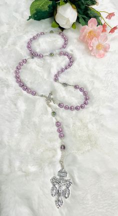 Mary Fatima Rosary Purple Pearl Custom Rosary Necklace - Etsy Lavender Round Beads Jewelry For Wedding, Lavender Round Beads Wedding Jewelry, Lavender Round Bead Wedding Jewelry, Adjustable Purple Pearl Necklace, Adjustable Purple Pearl Necklace With Round Beads, Adjustable Beaded Purple Pearl Necklace, Adjustable Purple Beaded Pearl Necklace, Purple Round Beads Pearl Necklace For Gift, Purple Rosary With 8mm Beads