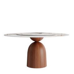 an oval table with marble top and wooden base, against a white background or backdrop