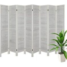 a white room divider next to a potted plant