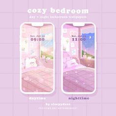 an advertisement for a bed room with pink walls and flooring, the text says cozy bedroom day 3 night between wallpapers