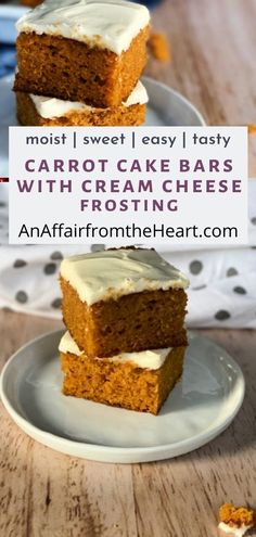 carrot cake bars with cream cheese frosting are stacked on top of each other and the text overlay reads, most i sweet easy & fast