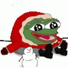 a cartoon frog sitting next to a snowman