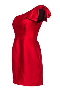 Look red hot at your next cocktail party in this mini dress by Shoshanna. Made with silk and featuring a gorgeous one-shoulder bow detail, you're sure to give glam with this piece. Pair with a strappy heel for a fierce look. Size 2 Shell 100% silk Lining 100% Acetate Concealed side zipper Bust 31" Waist 27" Shoulder to hem 34" Silk Off-shoulder Dress For Party, Silk One Shoulder Dress For Cocktail, Silk One Shoulder Dress With Asymmetrical Neckline For Cocktail, Silk Off-shoulder Mini Dress For Party, Red One Shoulder Summer Dress For Party, Red One Shoulder Dress For Summer Party, Formal Summer One Shoulder Dress In Satin, Fitted Silk One-shoulder Asymmetrical Dress, Red Satin Formal Mini Dress