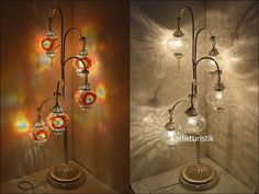 two pictures side by side, one with lights on it and the other with glass balls