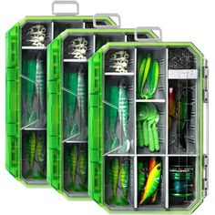 three green boxes filled with different types of fishing lures and other items in them