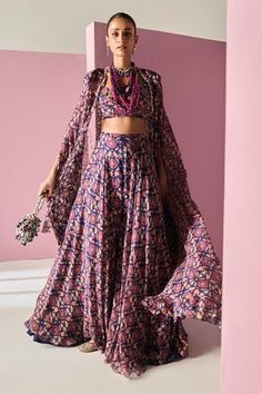 Shop for Ridhi Mehra Blue Blouse Ewaz Printed Cape Sharara Set for Women Online at Aza Fashions Chiffon Sharara, Yellow Sharara, Ridhi Mehra, Cape Set, Chiffon Cape, Raw Silk Lehenga, Embroidered Crop Tops, Draped Blouse, Blue Floral Blouse