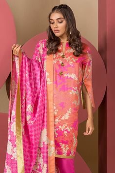 This summer, the new festive collection has been set up with new Pakistani casual printed lawn outfits to give you a cool lavish look in this hot season. You can buy fresh seasonal wear online to adorn your summer look in an elegant way. Shirt: This lawn attire is showing its grace with pink color printed front and back panels for shirt. Printed doria lawn shirt is over digitally printed with beautiful flower prints. Sleeves are also beautifully printed in elegant patterns. Trouser: Pink color c Nameera By Farooq, Hot Season, Lawn Design, Outfit Png, Festive Collection, Lawn Shirts, Late Summer, Casual Summer Outfits, Pink Fabric