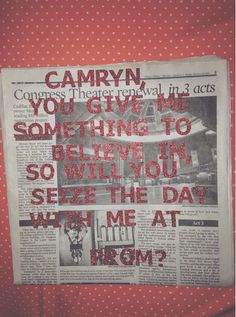 an old newspaper with red writing on it and polka dot fabric in the background that says,'you give something to believe in so when you see the day with me at work? '