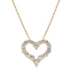 This gorgeous 1/2 an inch long pendant is crafted from quality 14 karat yellow gold and showcases sixteen brilliant round diamonds  at approximately 1.00 carats total weight. This piece hangs from a matching adjustable 18-inch diamond cut cable chain and is secured with a lobster clasp. Luxury Heart-shaped Necklace With Prong Setting, Yellow Gold Heart Pendant Diamond Necklace With Brilliant Cut, Yellow Gold Brilliant Cut Heart Pendant Diamond Necklace, Yellow Gold Heart-shaped Brilliant Cut Diamond Necklace, Elegant Heart Shaped Necklace With Prong Setting, Heart Shaped Brilliant Cut Yellow Gold Necklace, Elegant Heart Shaped Diamond Necklace With Prong Setting, Rose Gold Diamond Heart Necklace With Brilliant Cut, Yellow Gold Diamond Heart Necklace With Brilliant Cut