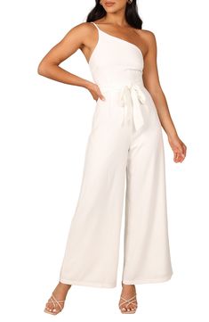 Elevate your special-occasion style with this asymmetric jumpsuit featuring a tie belt and a flowy, wide-leg silhouette. Hidden back-zip closure Asymmetric neck Adjustable strap Removable tie belt Partially lined 95% polyester, 5% spandex Hand wash, dry flat Imported Casual White Jumpsuit, Asymmetric Jumpsuit, White Jumpsuit, Casual Jumpsuit, White Casual, Tie Belt, Jumpsuit Romper, Special Occasion, Wide Leg