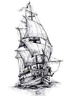 an ink drawing of a sailing ship