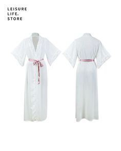 Chic White Lace Bathrobe for Summer Satin Long Sleeve Nightwear Luxury Satin Home Wear Summer Lounge Wear, Nightgown Long, Summer Pajama Set, One Piece Lingerie, Elegant Lingerie, Dress With Stockings, Satin Long Sleeve, Home Wear, Casual Tops For Women