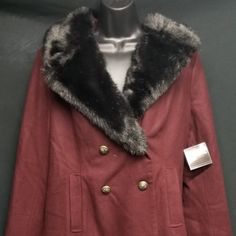 Brand New With Tags Liz Claiborne Faux Fur Collar Pea Coat Wine Color Retail Value Of $220.00 Great Christmas Present At A Fraction Of Retail! Double-breasted Faux Fur Trim Workwear Outerwear, Double-breasted Outerwear With Faux Fur Trim For Work, Double-breasted Workwear Outerwear With Faux Fur Trim, Formal Fall Outerwear With Faux Fur Lining, Burgundy Winter Formal Outerwear, Black Faux Fur Coat, Black Faux Fur, Faux Fur Collar, Liz Claiborne