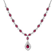 Sterling silver drop necklace with one 7x5 millimeter pear shaped lab created ruby, three 5x3 millimeter pear shaped lab created rubies, ten 5x3 millimeter oval lab created rubies, and two-hundred ninety-eight round lab created white sapphires measuring 0.8-1.5 millimeters | Lab Created Ruby & Lab Created White Sapphire Drop Pendant Necklace | Sterling Silver | Size 17" | Helzberg Diamonds Formal Pear-shaped Ruby Necklace, Fine Jewelry Ruby Necklace In Pear Shape, Formal Ruby Drop Necklace, Formal Drop Ruby Necklaces, Formal Pear-shaped Ruby Jewelry, Fine Jewelry Ruby Pear-shaped, Fine Jewelry With Pear-shaped Ruby, Fine Jewelry Ruby Drop Necklace, Fine Jewelry Ruby Drop Necklaces