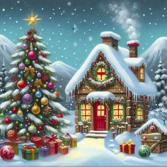 a painting of a christmas tree in front of a snow covered house with presents under it