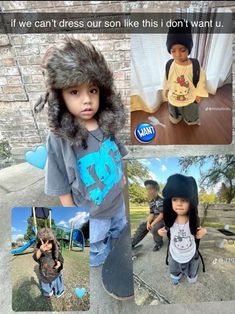 a collage of photos with the same child in different outfits as well as an adult