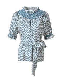 maria-blue-dotted-tie-blouse_product.jpeg Skirt And Top Dress, Nude Sandals, Tie Blouse, Blue Pants, Tie Belt, Skirt Top, Puff Sleeves, Dress Accessories, Shirt Outfit