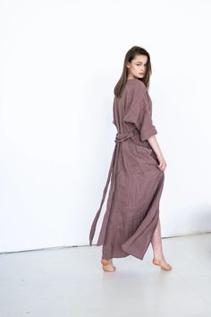 Linen Kimono Dress Dress With Belt and Pockets Flowy Linen - Etsy Long Dresses With Pockets For Daywear, Long Cotton Dress For Work, Relaxed Fit Long Dress For Daywear, Brown Summer Loungewear Dress, Maxi Length Daywear Robe For Spring, Maxi Length Robe For Daywear In Spring, Maxi Length Robe For Spring Daywear, Relaxed Fit Long Dress For Work, Tunic Dresses With Pockets For Daywear