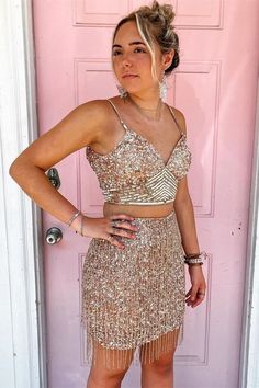 Two Piece Rose Gold Sequined Bodycon Homecoming Dress with Fringes Hoco Dresses 2 Piece, 2 Piece Hoco Dress, Fringe Hoco Dresses, Fringe Homecoming Dress, Hoco Dresses Two Piece, Gold Two Piece Dress, Rose Gold Homecoming Dress, Two Piece Hoco Dress, 2 Piece Homecoming Dress