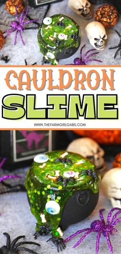 this is an image of halloween decorations with the words cauldron slime on it