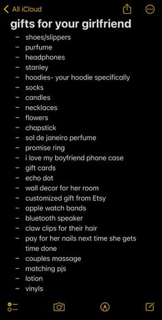 a list with the words gifts for your girlfriend in yellow and black text on it