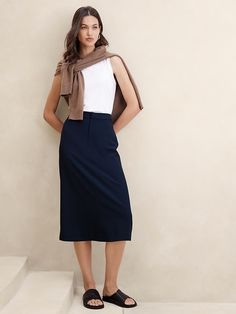 Sculpted Midi Pencil Skirt | Banana Republic Factory Versatile High-waist Workwear Skirt, Versatile High Waist Skirt For Work, Versatile Lined Skirt For Workwear, Modern Relaxed Skirt For Work, Modern Midi Skirt For Workwear, Straight Hem Skirt For Work, Spring Fitted Skirt With Straight Hem, Fitted Skirt With Straight Hem For Spring, Versatile Skirt For Workwear