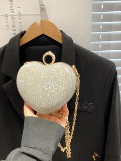 BirdinBag - Silver Glitter Mini Heart Novelty Party Bag with Chain Strap Rhinestone Bag, Diamond Decorations, Party Clutch, Bag With Chain, Novelty Bags, Inch Bag, Party Events, Mini Heart, Party Bag