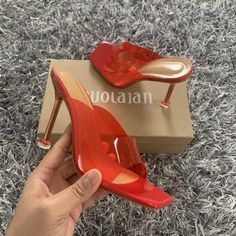 Complete your weekend vibe with these slip-on mules doll. Featuring a brown or red transparent color material with clear straps, these are sure to keep your weekend look effortlessly chic. High Heel Sandals Platform, Summer Pumps, Transparent Heels, Square Toe Sandals, Nude Shoes, Sandal Shoes, Purple Shoes, Princess Shoes, Warm Boots