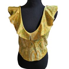 Zara Paisley Ruffle Top Yellow/Green Sz L Nwt 026 Fitted Zara Top With Ruffles, Fitted Zara Tops With Ruffles, Zara Green Ruffled Top, Green Ruffled Zara Top, Zara Vintage Fitted Tops, Yellow Zara Tops With Ruffles, Zara Yellow Ruffled Tops, Yellow Ruffled Zara Tops, Vintage Green Tops With Ruffles