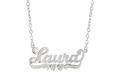 "Personalize this Rhodium Beaded Name Necklace \"Laura\" with the name of your choice! And is custom made by hand and polished from 14K Gold Over Sterling Silver plate. Rhodium plating on the first letter and the tail of this Name Plate. The Name Plate comes with an 18\" Silver Link chain and a max Personalization of 10 Characters; 1 or 2 of the letters may be capitalized. Measures approximately: 1.44\" X 0.69\". More Styles From Our Shop ♥️ https://www.etsy.com/shop/PersnlzdJewelryMfg Name Neck Custom Silver Necklaces For Anniversary, White Gold Nameplate Jewelry With Names, Customized Silver Heart Necklace, Custom Silver Heart Necklace, Customizable Nameplate Necklace In White Gold, Customizable White Gold Nameplate Necklace, Customized Sterling Silver Nameplate Jewelry, Custom Name Jewelry For Gifts, Custom Name Jewelry For Gift