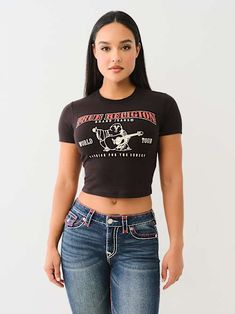 WORLD TOUR LOGO BABY TEE True Religion Shirt, Matching Sets Sweats, Logo Baby, Latina Outfits, Denim Outerwear, Kids Denim, Baby T Shirt, Light Wash Denim, Jeans For Sale