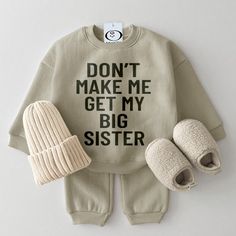 About This Item: Made to match, this set is complete with a slogan top and matching pants (beanie & slippers in image are not included). Product ID: BB46383  Material: 90% Cotton  Color: Grey Green      Size Chart        Size (Age)     Height (CM)     Chest (CM)     Waist (CM)        0-3M    52-59  54  36      3-6M    60-66  57  38      6-12M    67-75  60  40      12-18M    75-85  63  42     18-24M  85-95   66     44       2-3T  95-105   69     46        *Babies grow at their own pace. It's recommended to choose the size that corresponds to your mini's height and weight rather than their age for a much more accurate fit. Please also take delivery time into consideration. Big Sister Shower Ideas, Big Brother Baby Announcement, Big Sister Basket, Big Sister Announcement Ideas, Pregnancy Announcement To Kids, Big Sis Announcement, Big Sister Baby Announcement, Big Sister Announcement, Baby Boutique Clothing