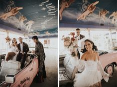 the bride and groom are getting out of their pink convertible car at the wedding reception