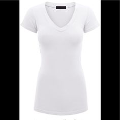 95% Cotton 5% Spandex 1x Armpit To Armpit 20” 2x Armpit To Armpit 21” 3x Armpit To Armpit 22” Length 29” Casual Fitted White V-neck Top, Casual White Fitted V-neck Top, White Short Sleeve Rock T-shirt, White Y2k Short Sleeve T-shirt, White Spliced Short Sleeve T-shirt, Cheap White Ring-spun Cotton T-shirt, White Stretch Cropped T-shirt, Short Sleeve Top, Short Sleeves Tops