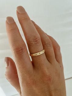 Our initial signet band is an everyday staple, personalized. The perfect way to showcase yourself or someone you love. Not to mention, they make the perfect custom gifts. Modeled with: 2 hammered stacking rings Ring Making Ideas, Push Present Ideas, Homemade Jewellery, Initial Rings, Push Present, Minimal Gold, Ring Making, How To Make Rings, Goals Inspiration