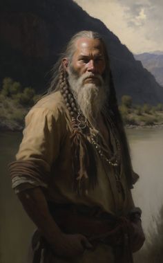 a painting of a man with long white hair and beard wearing a chain around his neck