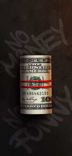 a roll of one hundred dollar bills wrapped in red ribbon on a black background with the words money written below it