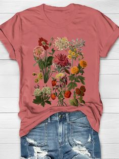 Vintage Garden Flowers Print Women's T-shirt Pink Graphic Tee With Plant Print, Pink Crew Neck Top With Plant Print, Pink Graphic Tee With Plants Print, Pink Cotton T-shirt With Plant Print, Pink T-shirt With Plants Print In Relaxed Fit, Casual Pink T-shirt With Plant Print, Pink T-shirt With Plant Print, Short Sleeve, Dark Olive Green, Flowers Print