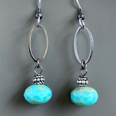 "Czech Turquoise Earrings - Turquoise Czech Glass Rondelle Beads dangle from Gunmetal Ovals.   The turquoise beads are topped with Pewter Beads. The silver and gunmetal make a nice contrast with the turquoise. Surgical Steel Earwires with Gunmetal Accents Earrings measure just over 2\" from top of earwires to bottom of beads." Hypoallergenic Turquoise Oval Earrings, Nickel-free Oval Turquoise Earrings, Handmade Turquoise Earrings For Everyday, Everyday Turquoise Pierced Earrings, Turquoise Round Bead Earrings For Everyday, Handmade Oval Turquoise Earrings, Everyday Turquoise Round Bead Earrings, Beaded Jewelry Earrings, Diy Leather Earrings