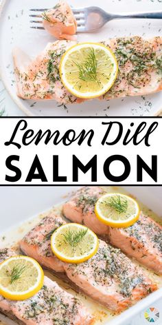 lemon dill salmon on a white platter