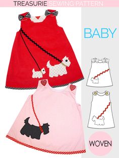 Scottie Baby Dress & Top Sewing Pattern – TREASURIE Toddler Dress Patterns, Baby Dress Pattern, Baby Bibs Patterns, Childrens Sewing Patterns, Girl Dress Pattern, Bib Pattern, Patchwork Baby, Top Sewing, Sewing Patterns Girls