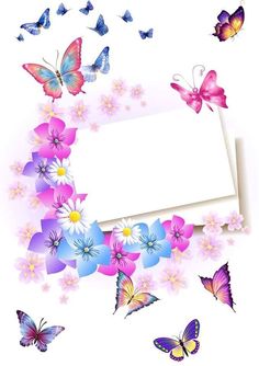 an image of butterflies and flowers with a blank paper in the middle on a white background