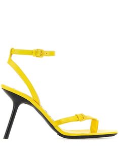 yellow leather 90 mm high heel buckle-fastening ankle strap single toe strap square toe branded insole Luxury Heels With Tang Buckle For Spring, Yellow Sandals With Sculpted Heel For Evening, Luxury Yellow Heels With Ankle Strap, Yellow Evening Sandals With Sculpted Heel, Modern Yellow High Heel Sandals, Yellow Ankle Strap Heels With Heel Loop, Yellow Heels With Ankle Strap And Heel Loop, Modern Yellow Heels With Sculpted Heel, Luxury Yellow Heels With Heel Strap