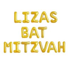 the words izzas bat mitzvahh written in gold foil on a white background