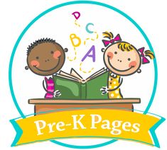 the pre - k pages logo with two children sitting at a desk and reading a book