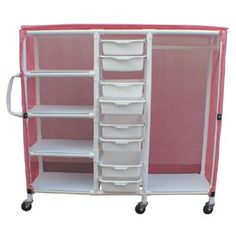 a pink and white closet with shelves on wheels