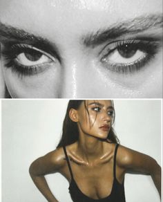 two different pictures of the same woman's face and her eyes, one with long lashes