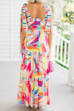 At this point, if you are looking at anything else for summer event, then you are doing it wrong! This maxi dress is so bright and bold! We love the tiered body, square neckline, and those adjustable straps are perfection! This fun abstract maxi dress is going to look fabulous this summer! Square neckline Adjustable tied straps Colorful abstract print No stretch Payton is wearing the small. Tiki Dress, Party Attire, Mint Julep Boutique, Mint Julep, Summer Events, Colorful Abstract, Fashion Colours, Summer Wear, Square Neckline